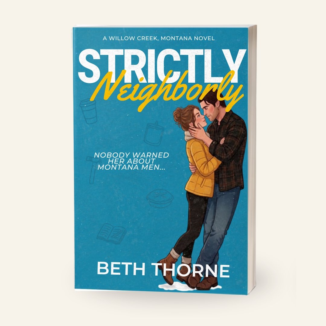 Book titled 'Strictly Neighbourly' by Beth Thorne, featuring an illustration of a couple embracing, against a blue background with faint food-related icons.
