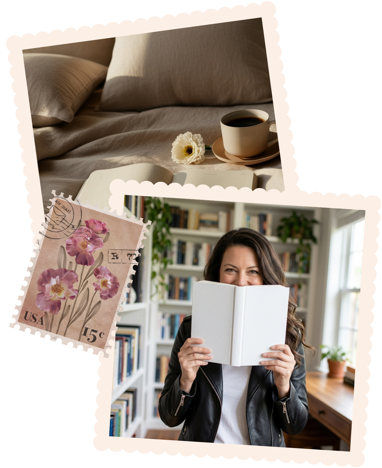 A collage featuring a cozy bed with a cup of coffee and a flower, a vintage Egyptian postage stamp with pink flowers, and a woman smiling behind a book in a library.
