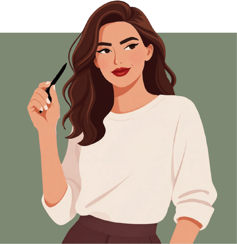 Illustration of a woman with long brown hair, red lipstick, wearing a white top, holding a black pen, standing against a green background. Beth Thorne Author Avatar.