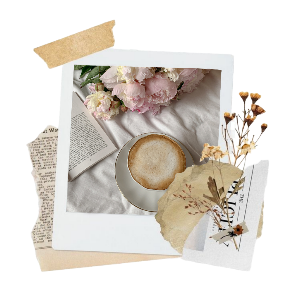 A cup of coffee on a saucer, pink flowers, an open book, dried flowers, and torn paper with text, arranged on a white surface