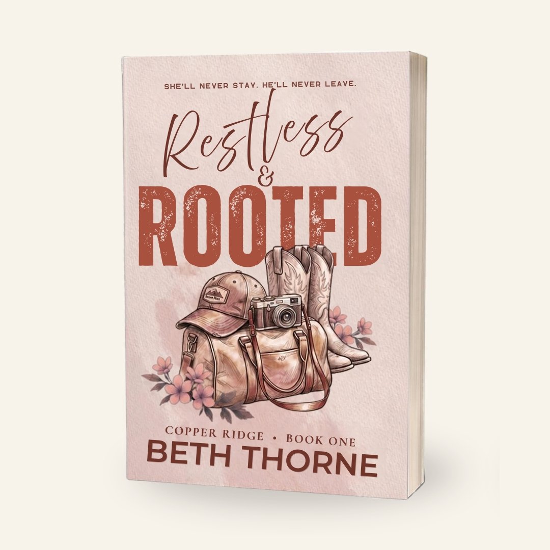 Book cover titled 'Coming Soon' by Beth Thorne, part of the Copper Ridge Series, with a green background, white handwritten font, and a small illustration of pink flowers with a clothespin.