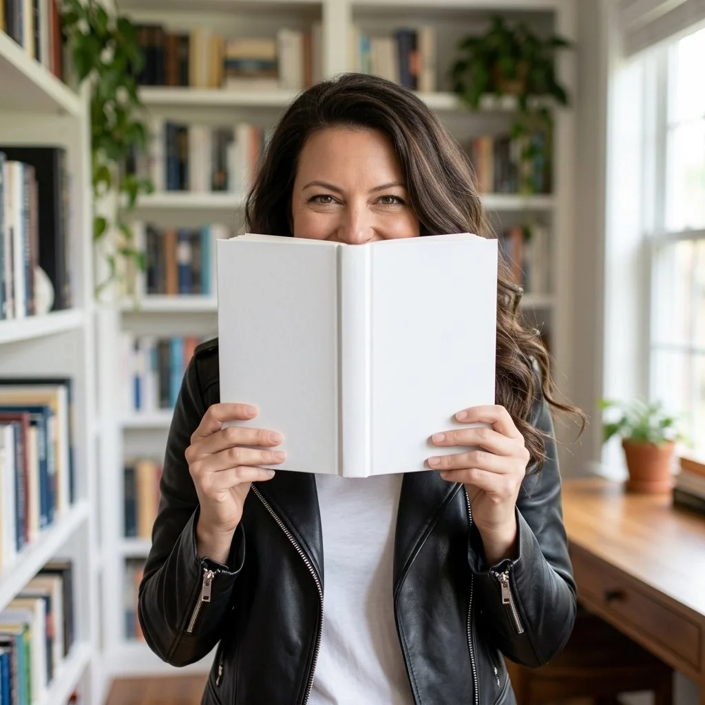 Woman with long brown hair holding an open white book in front of her face, smiling with eyes showing, in a room with bookshelves and large windows.
