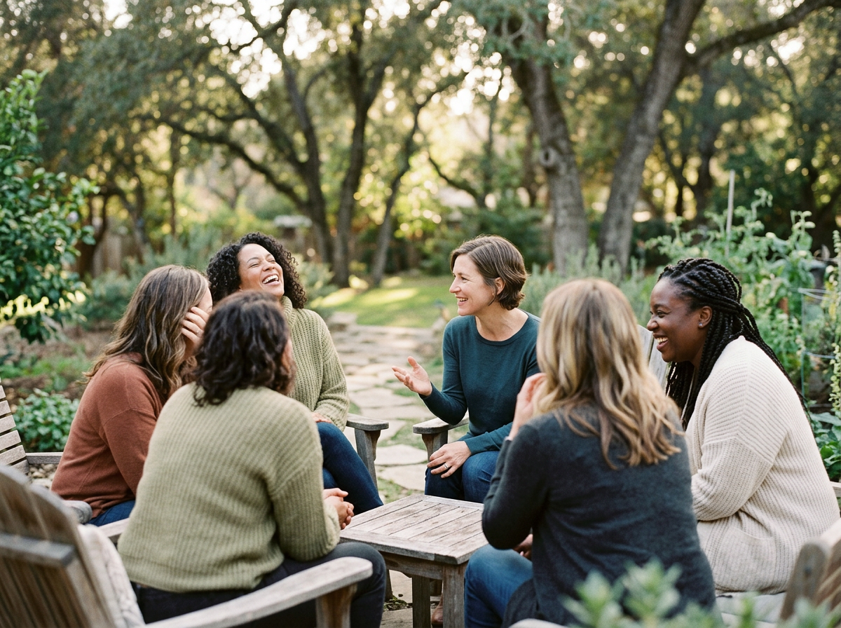 group of women laughing and talking while sitting outside in nature.