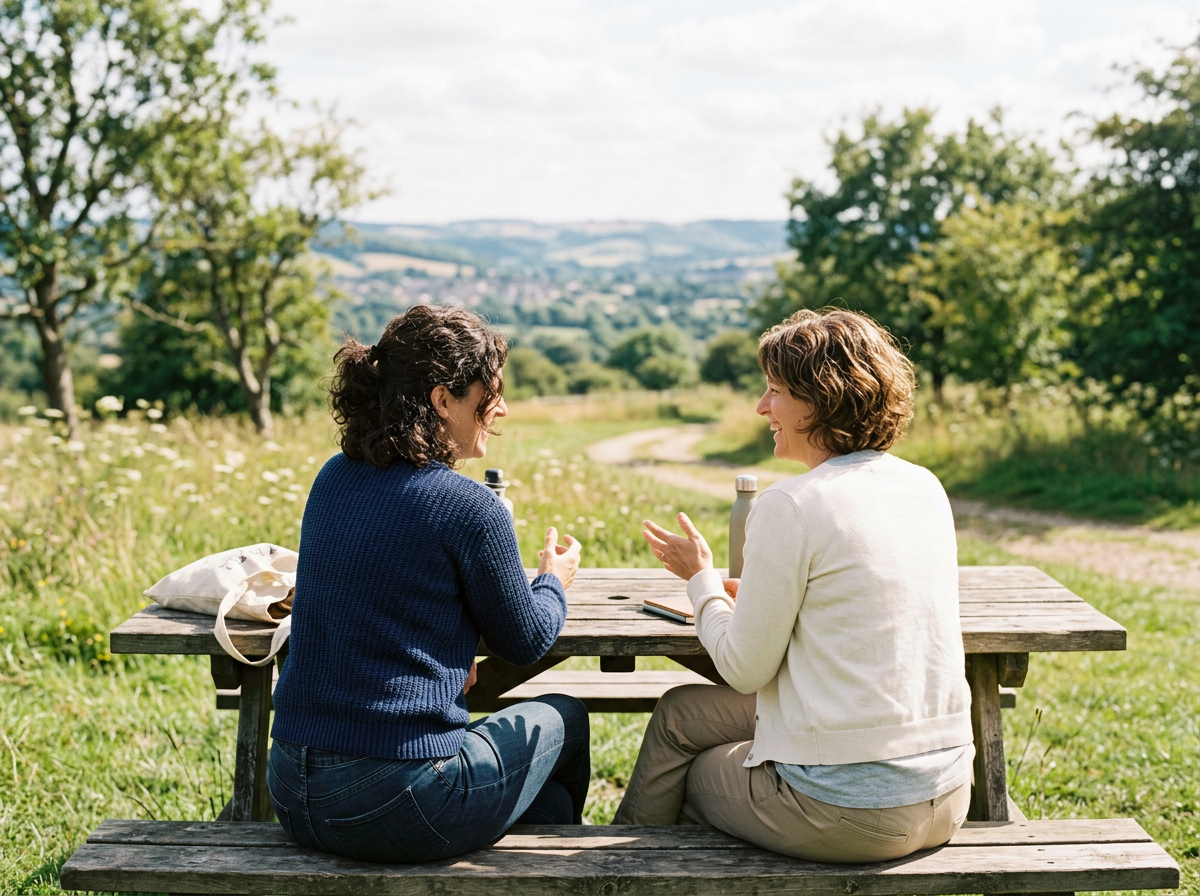 Two women are sitting at a picnic table outdoors, engaged in conversation. One woman has curly hair and is wearing a blue sweater, while the other has short hair and is wearing a white jacket. They are in a green field with trees and hills in the background on a sunny day.