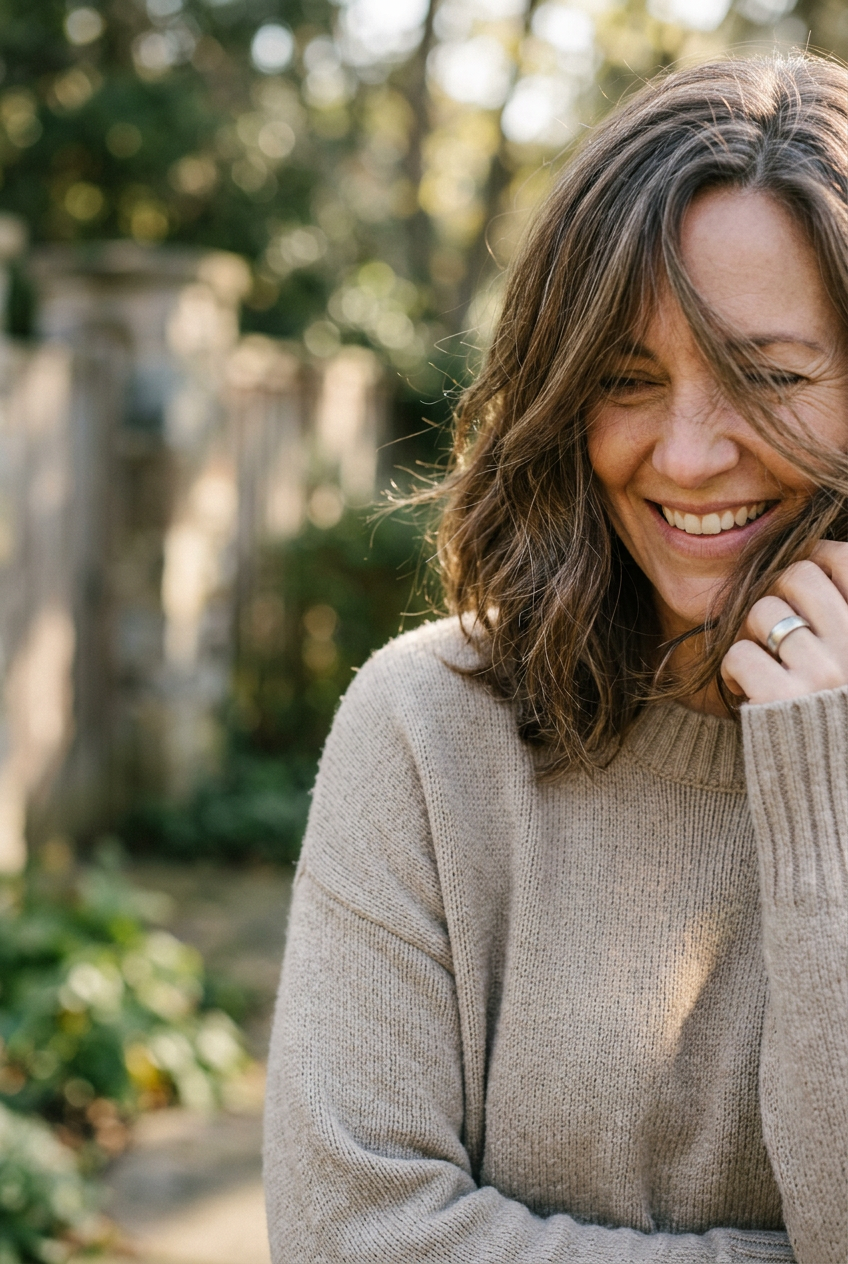 A woman smiling outdoors in a beige sweater, with her eyes closed, in a garden or backyard setting.