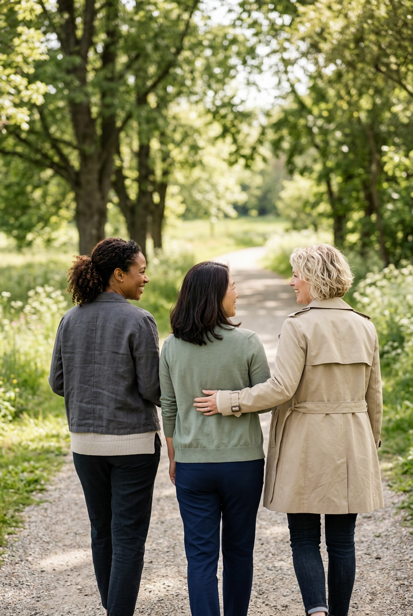 Three women walking arm-in-arm on a gravel path in a lush green park, smiling and engaging in conversation.