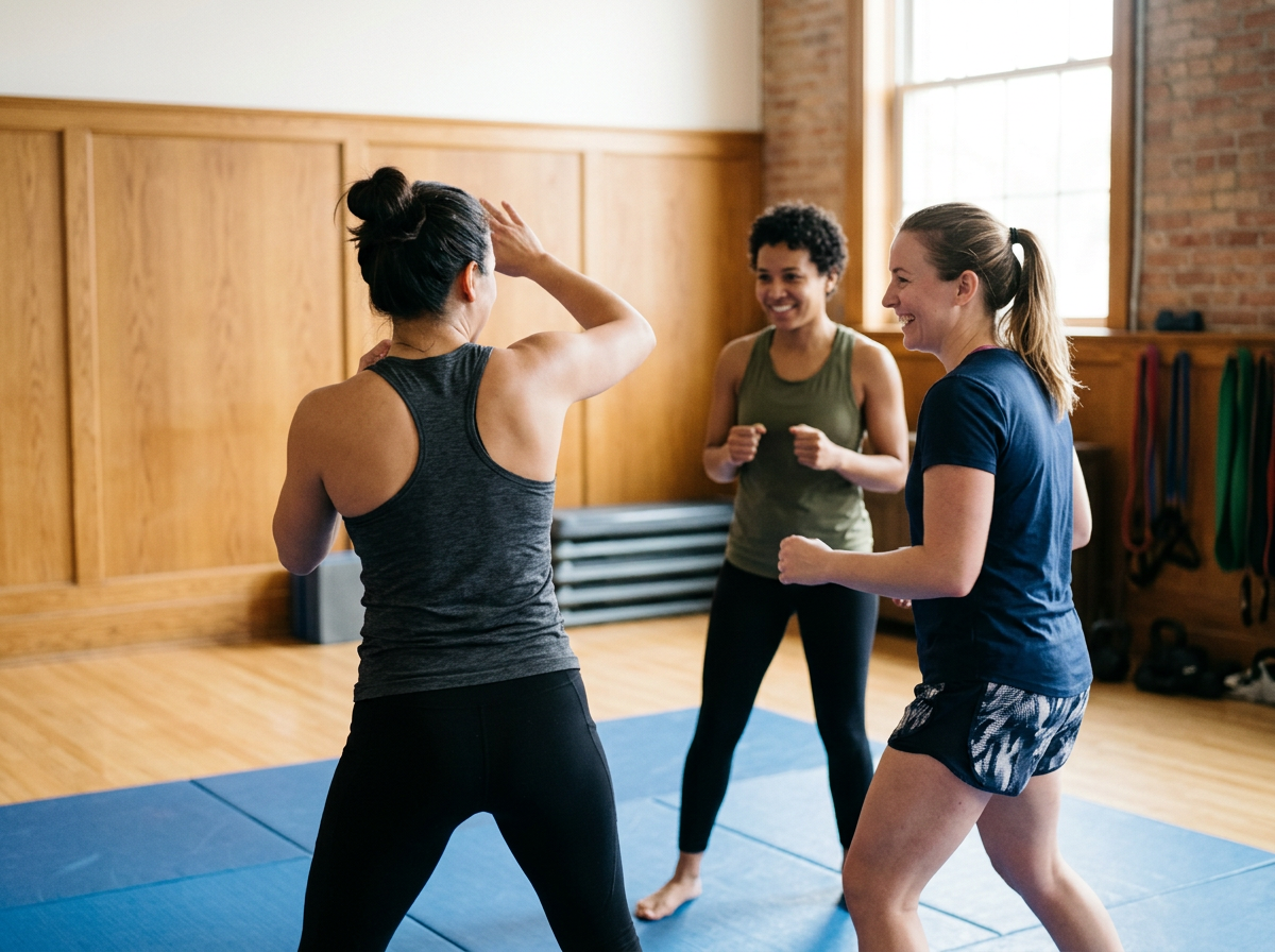Three women practicing martial arts or self-defense in a gym with blue mats, wooden walls, and large windows.