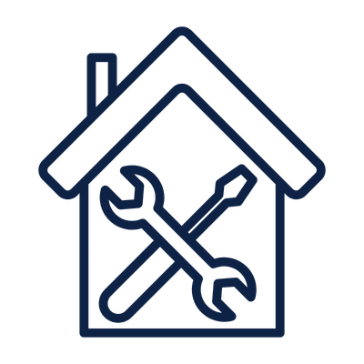 Outline of a house with a crossed wrench and screwdriver inside, representing home repair or maintenance.