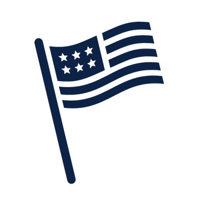 Outline drawing of the American flag waving, with 13 stripes and a canton featuring stars.