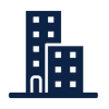 Drawing of two blue buildings with multiple windows.