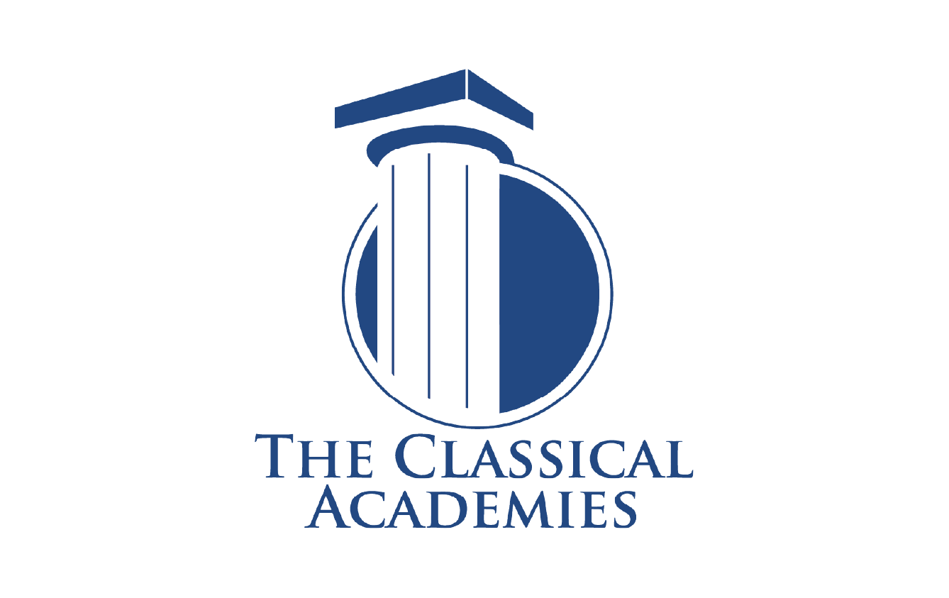 Logo of The Classical Academies featuring a stylized blue and white column with a blue cap, and the name below in blue text.