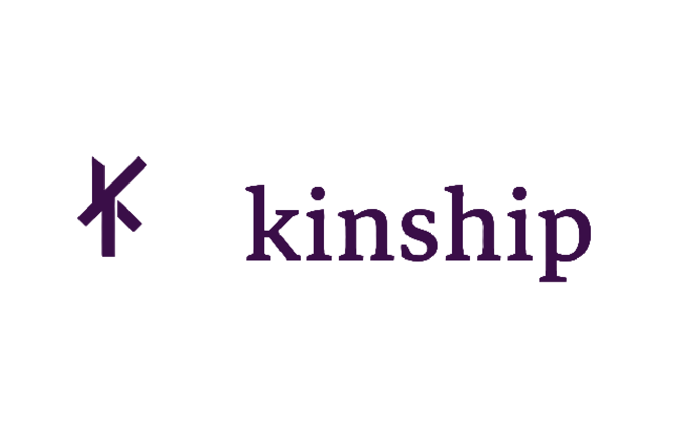 The logo features a purple abstract symbol to the left and the words 'k' and 'kinship' to the right, with 'k' in larger font and the rest in smaller font.