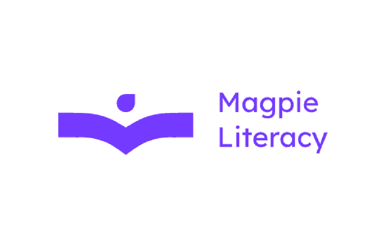 Logo of Magpie Literacy featuring an open book with a stylized magpie and purple text reading 'Magpie Literacy'.