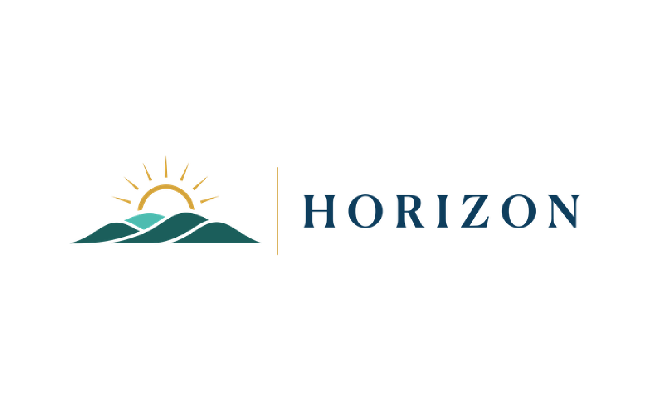 Logo with stylized sun rising over mountains and the word 'HORIZON' to the right.