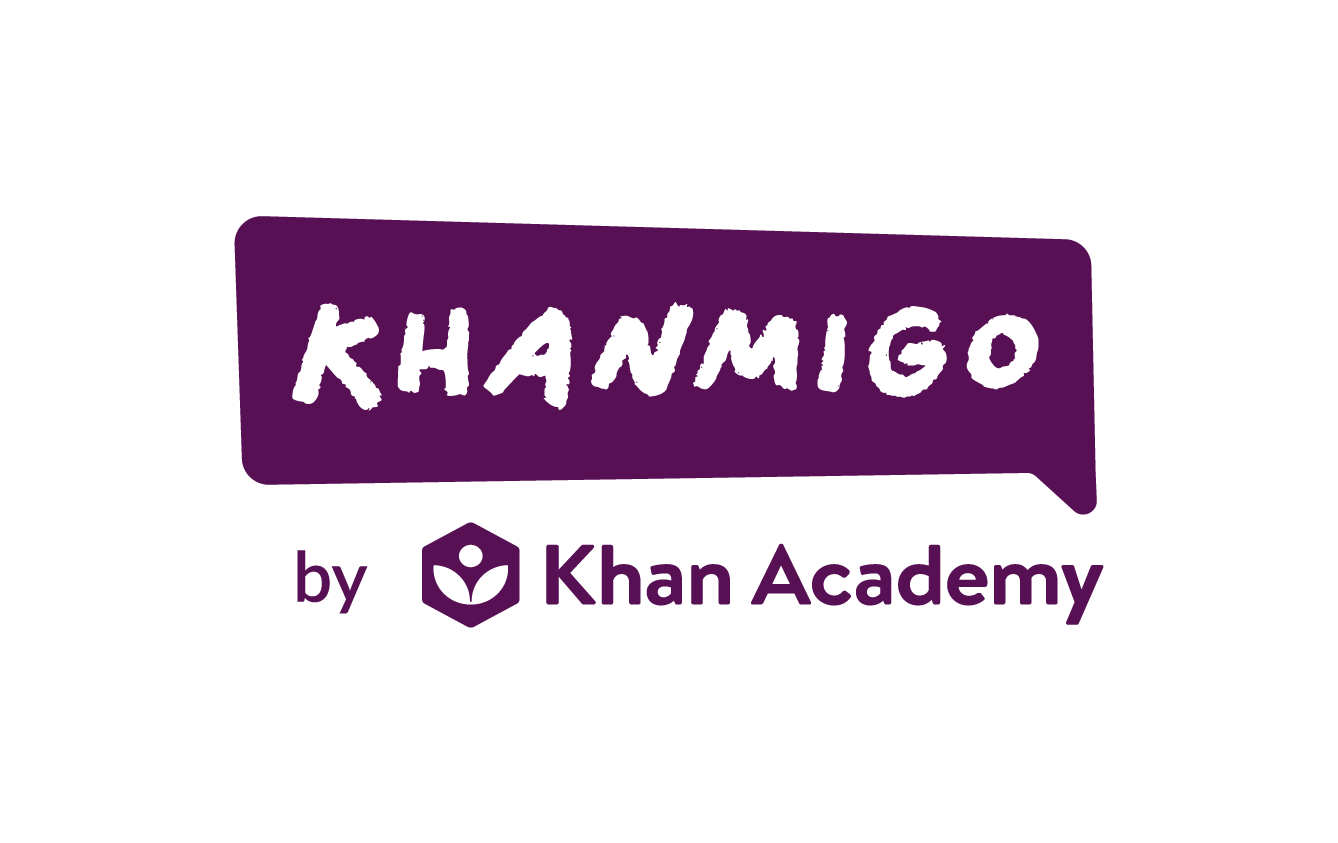 Khannigo logo with purple speech bubble and text, with Khan Academy logo below.