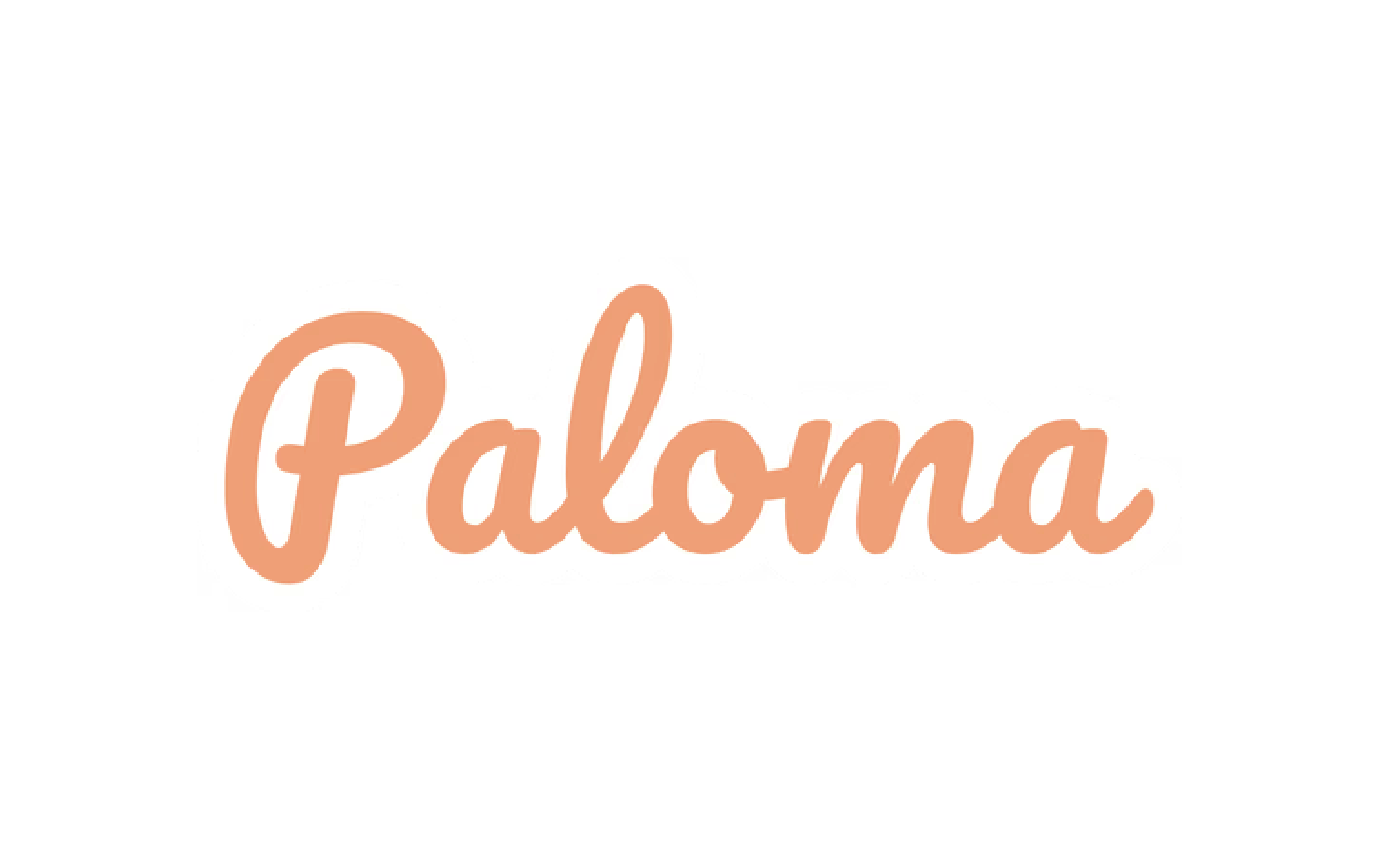Text reading "Paloma" in peach-colored cursive font on a black background.