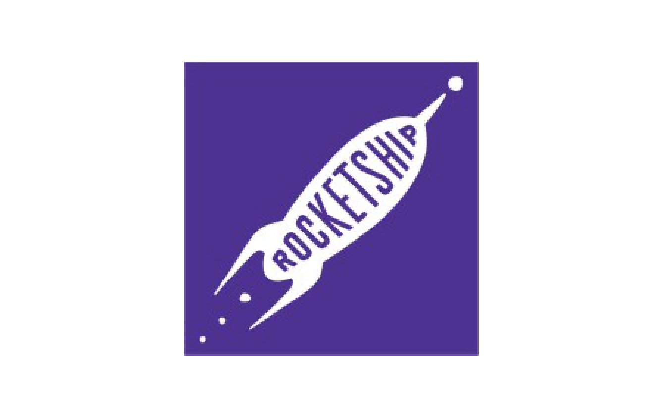 Purple background with a white rocket icon and the words 'ROCKET SHIP' written along the rocket's body.