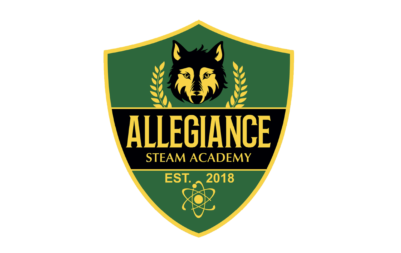 Allegiance Steam Academy logo featuring a black and yellow wolf head, green shield background, and gold border, with text 'ALLEGIANCE' above 'STEAM ACADEMY' and 'EST. 2018' below an atomic symbol.