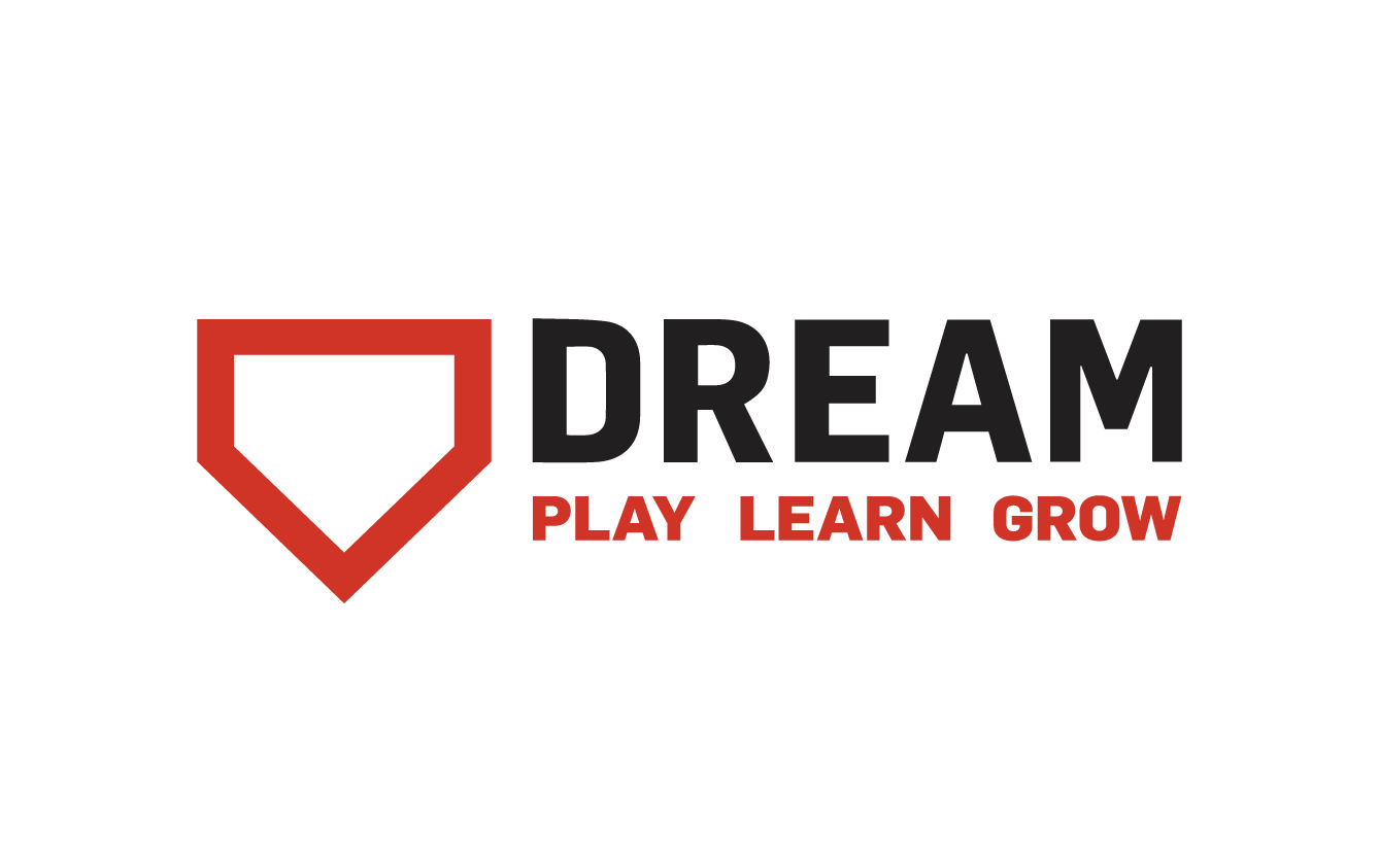 Logo with a red shield outline and the words "DREAM" in large black letters, "PLAY LEARN GROW" in red below."