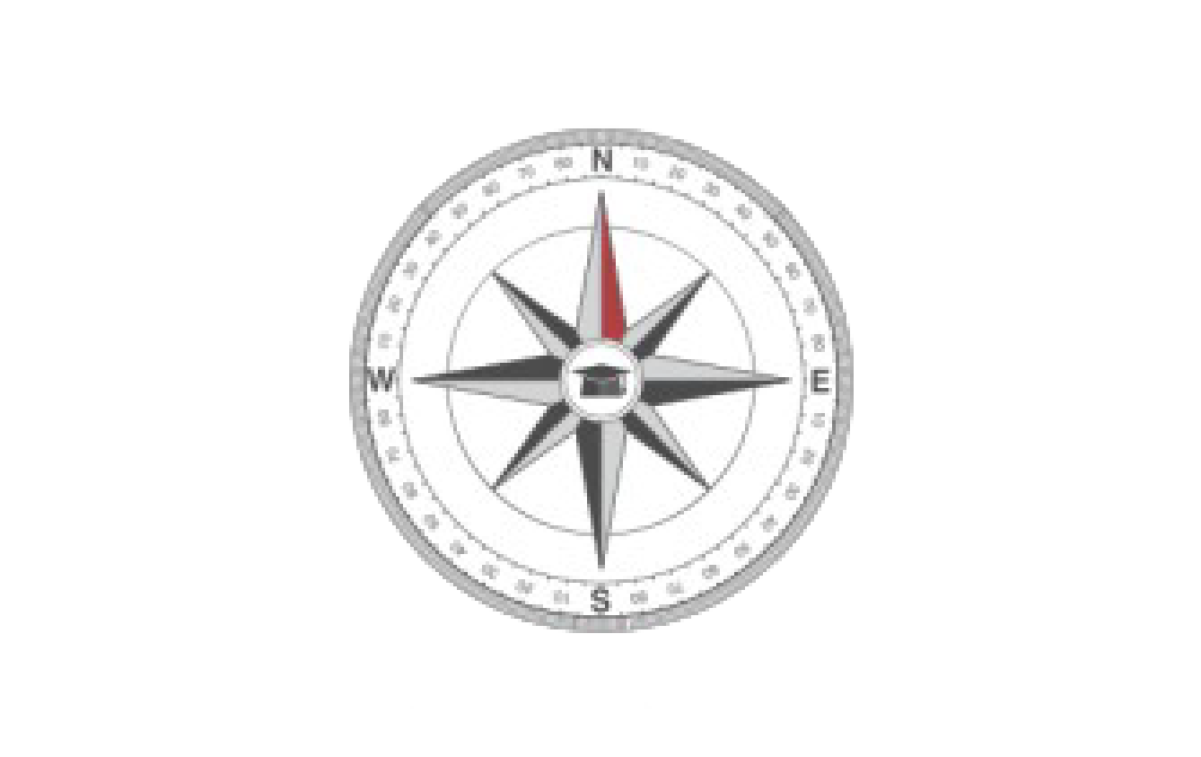 A compass rose with cardinal directions and a red arrow pointing north.
