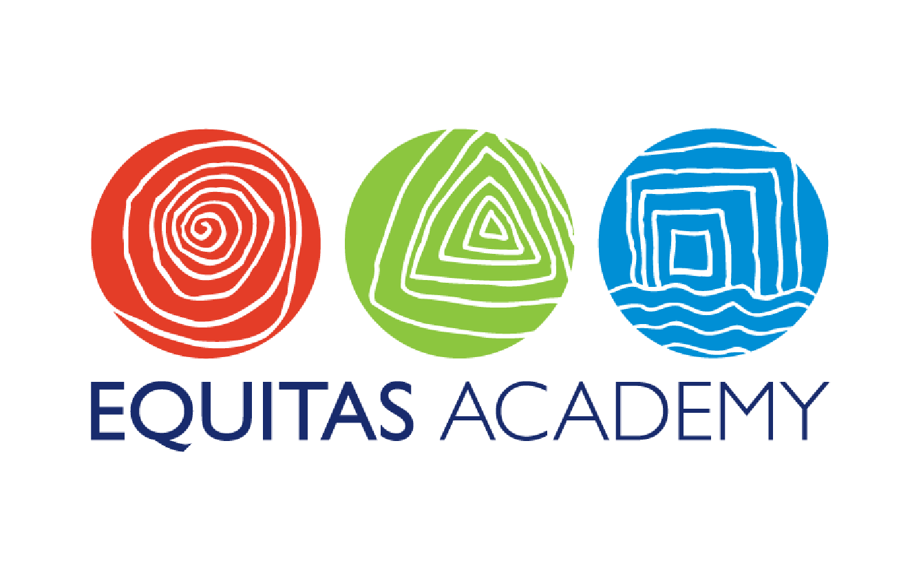 Logo for Equitas Academy featuring three colored balls with abstract patterns: a red spiral, a green triangle, and a blue square with wavy lines, along with the text 'EQUITAS ACADEMY'.