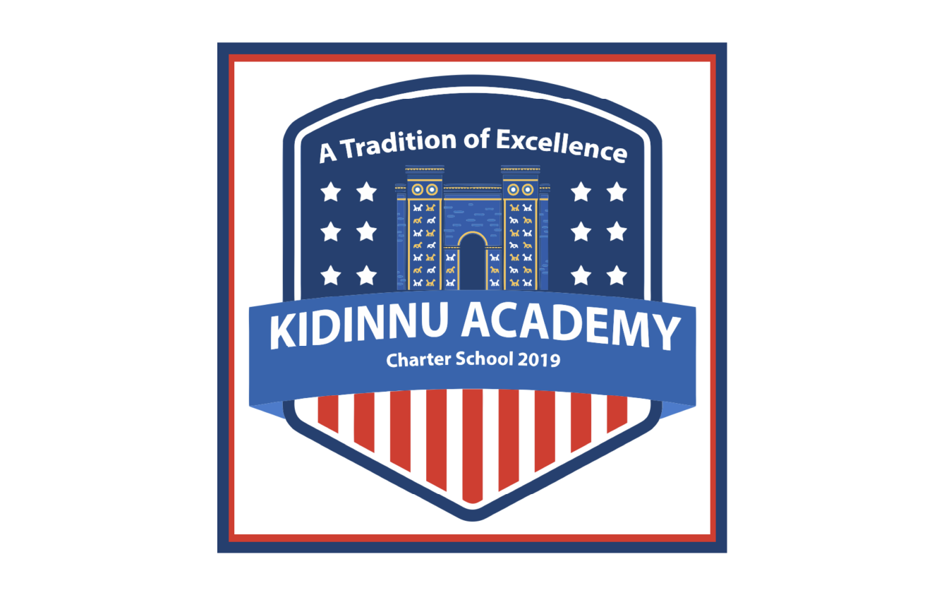 A badge-style logo for Kidinnu Academy, a charter school established in 2019, with the tagline "A Tradition of Excellence." Features blue, white, and red colors, a stylized gate or castle, and patriotic design elements.