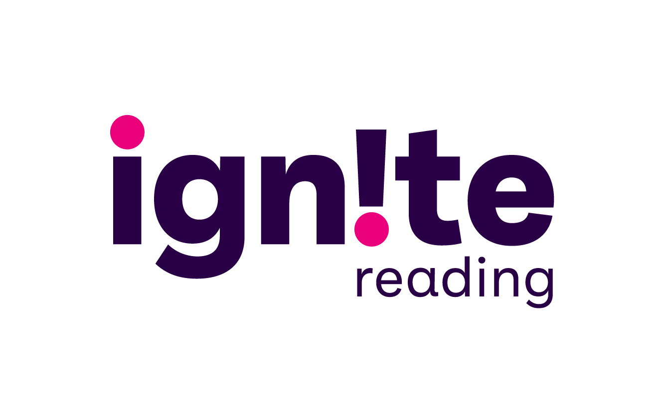 Colorful text graphic with the words 'ignite reading'. The word 'ignite' is in large purple letters with pink dots over the I and the T, and 'reading' is in smaller purple letters underneath.