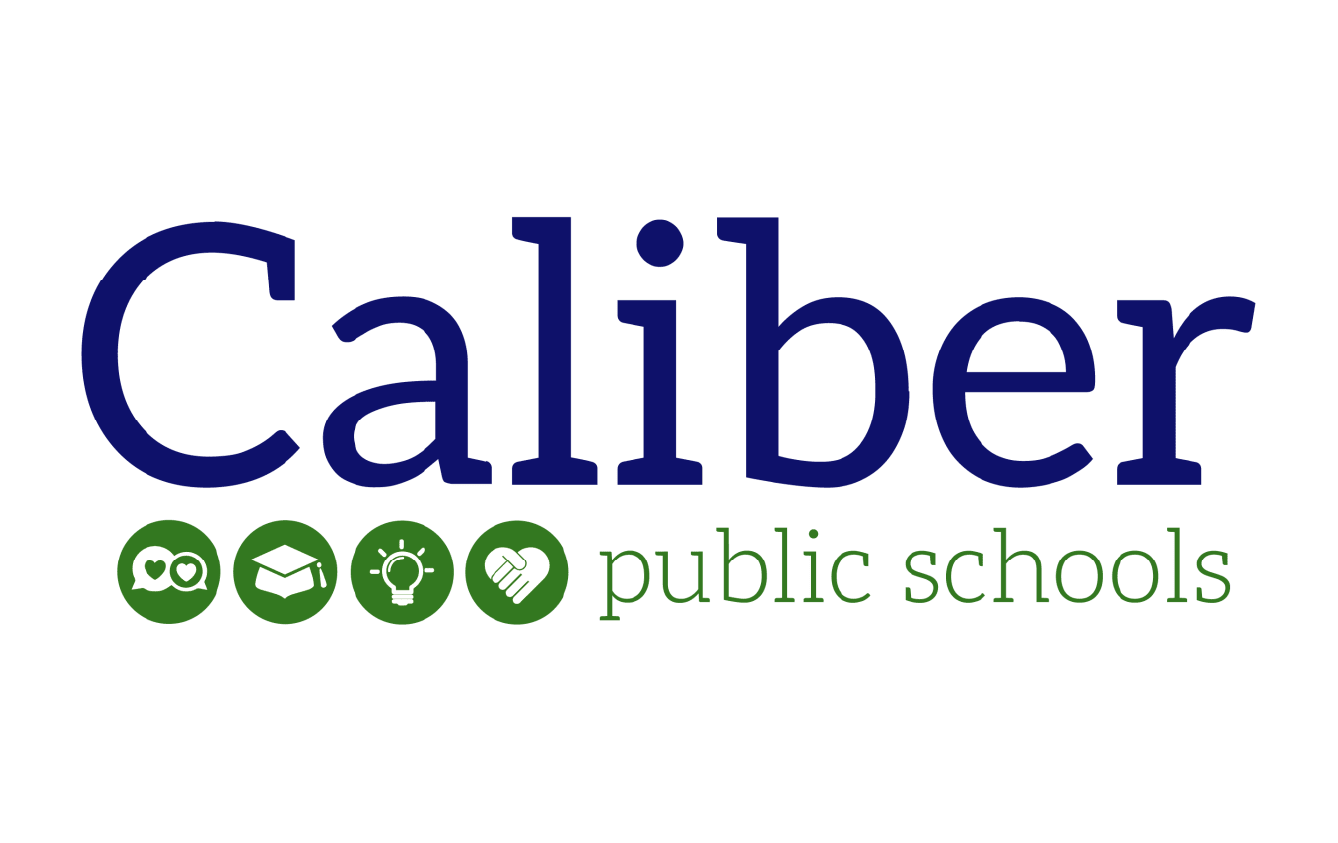 Caliber Public Schools logo with four green icons: hearts, graduation cap, light bulb, and handshake.