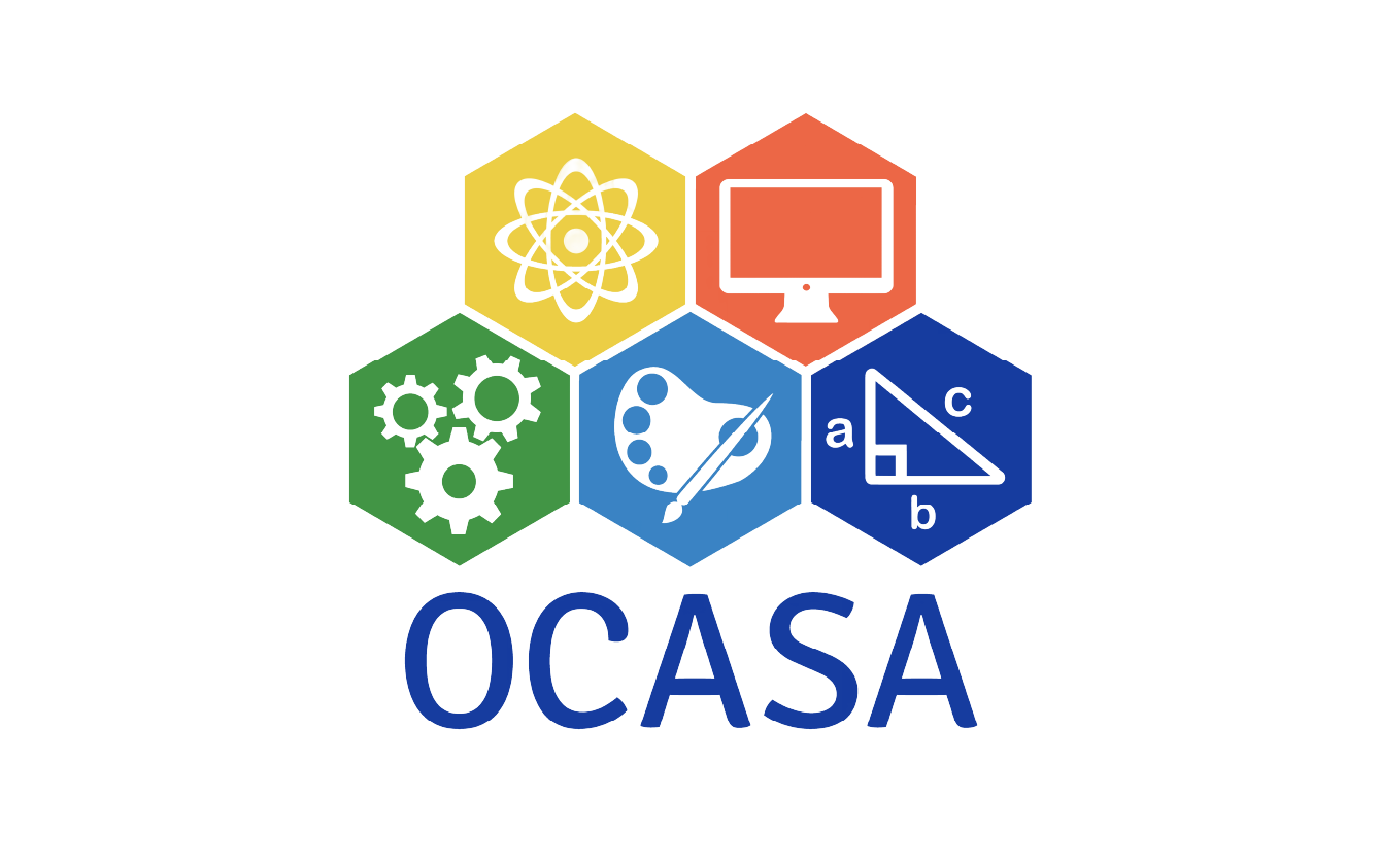 Graphic with hexagonal icons representing science, technology, engineering, math, and education, with the word OCASA at the bottom.