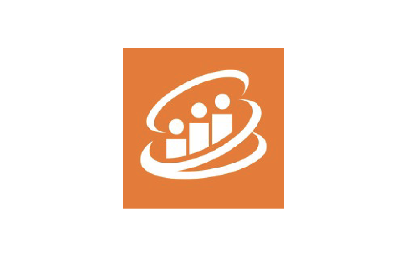 Logo consisting of four white dots and three ascending bars inside curved swooshes, set against an orange background.
