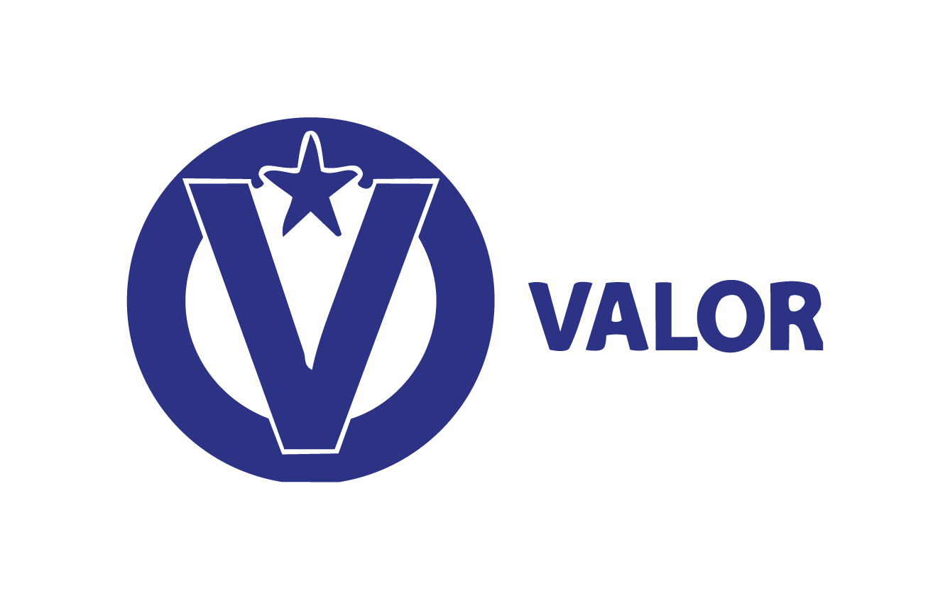 VALOR logo featuring a blue circle with a stylized V and star inside, accompanied by the word 'VALOR' in bold blue letters.