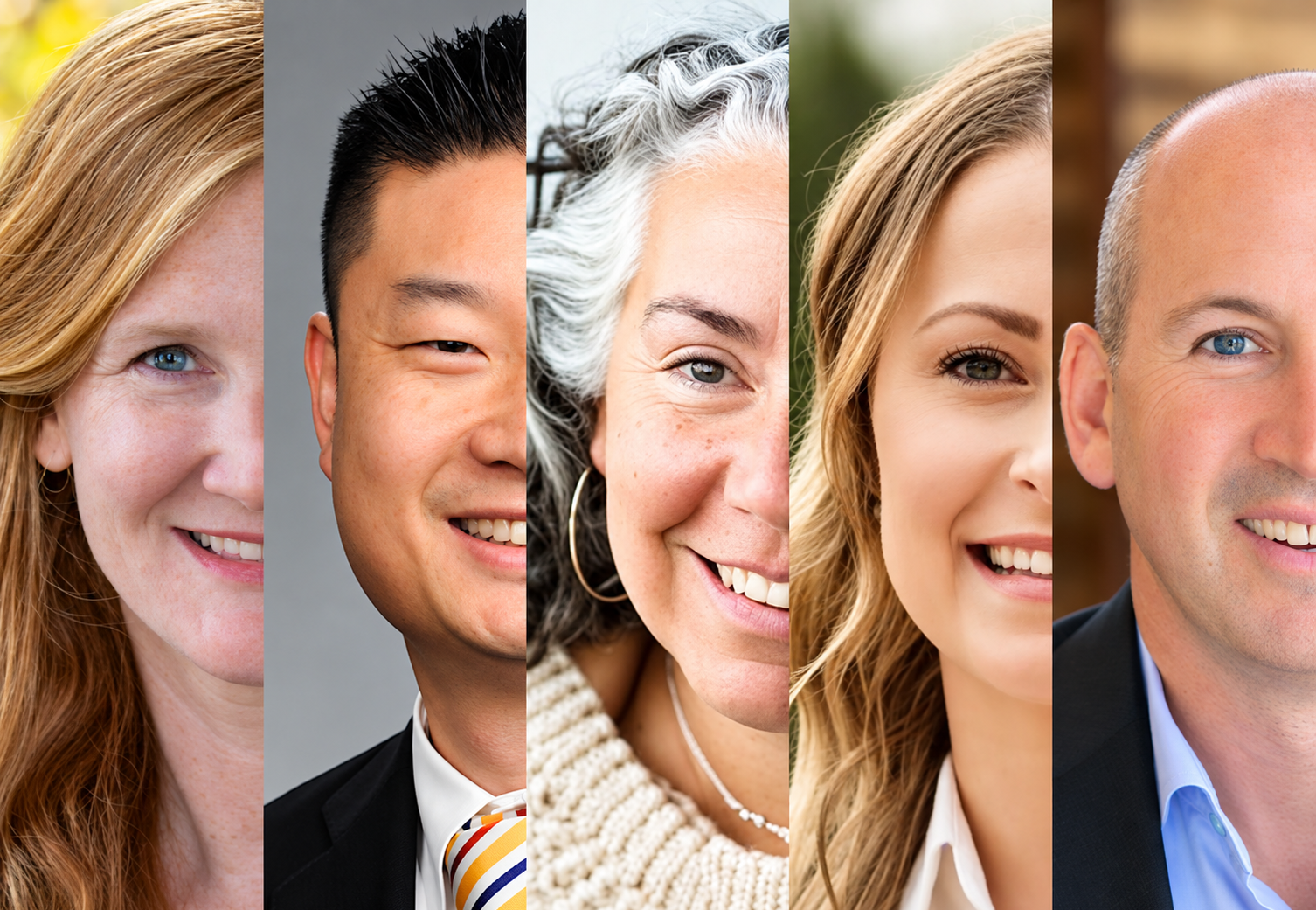 A collage of six smiling diverse individuals, including women and men of different ages and ethnicities, with close-up shots of their faces.