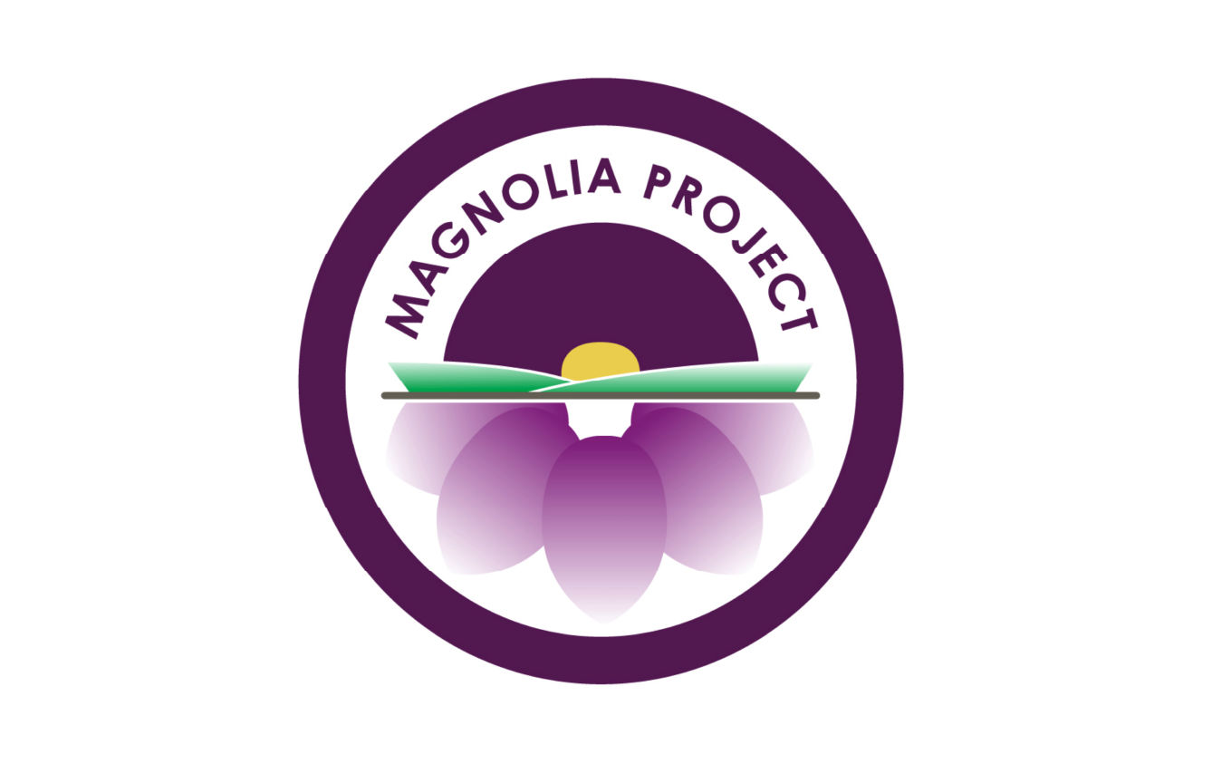 Logo of the Magnolia Project featuring a purple circle, a stylized sunrise over a horizontal line with green and purple leaves, and purple magnolia flowers at the bottom.