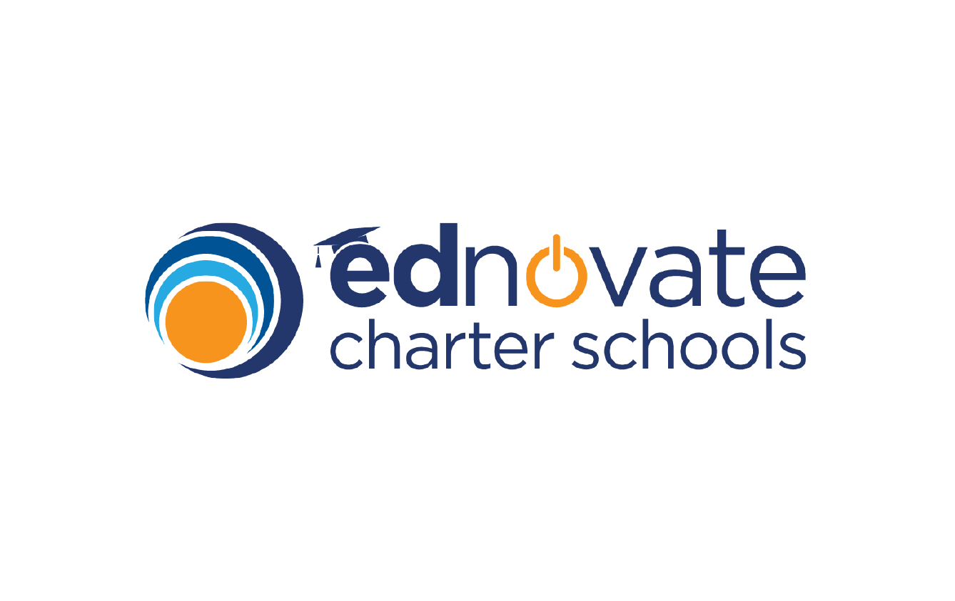 Logo of edVocate Charter Schools featuring a stylized circular design in shades of blue with an orange center, and the text 'edVocate' with the 'o' resembling a power button, and 'charter schools' underneath.