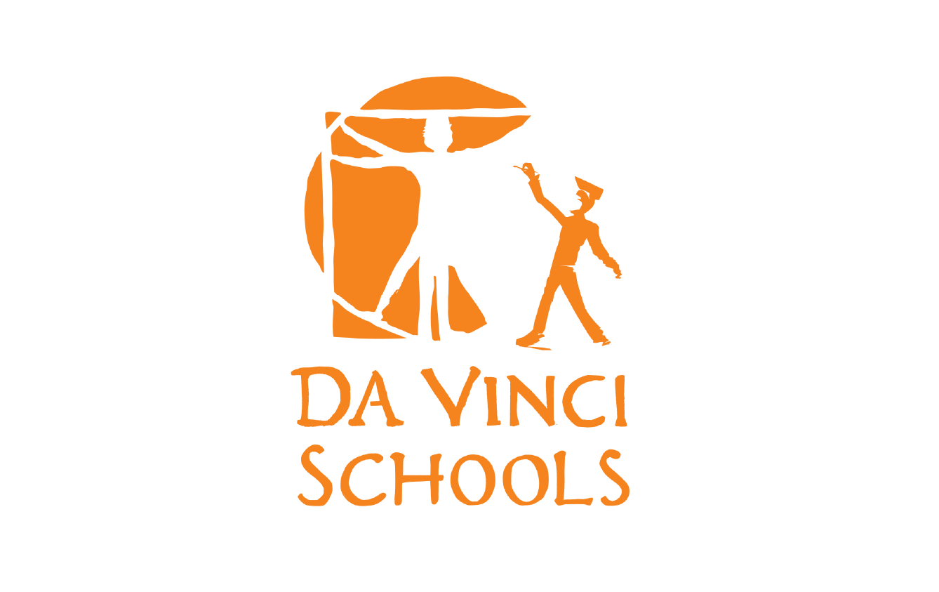 Orange silhouette of Leonardo da Vinci and a small child on white background with the text 'Da Vinci Schools' in orange.