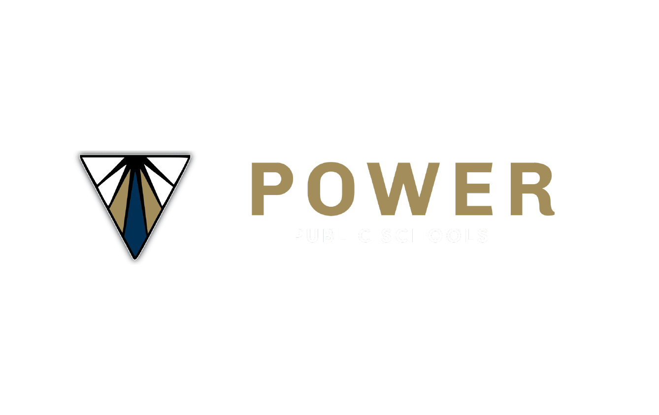 Logo for Power Public Schools featuring a triangular shield with stylized rays and a pathway, with the words 'POWER PUBLIC SCHOOLS' beside it.