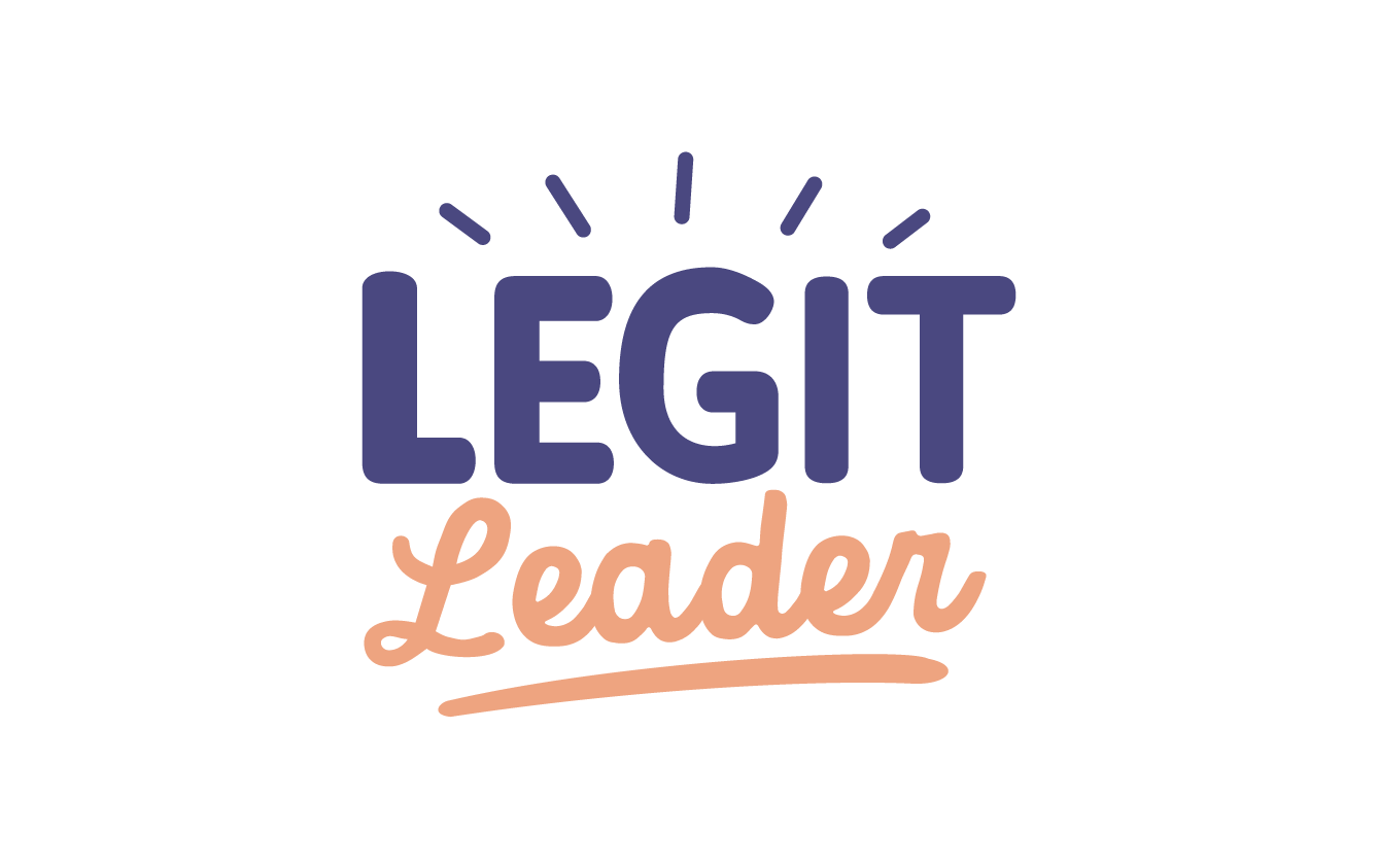 Graphic with the phrase "Legit Leader" in bold letters, with "Legit" in dark blue and "Leader" in peach, with decorative lines radiating from "Legit".