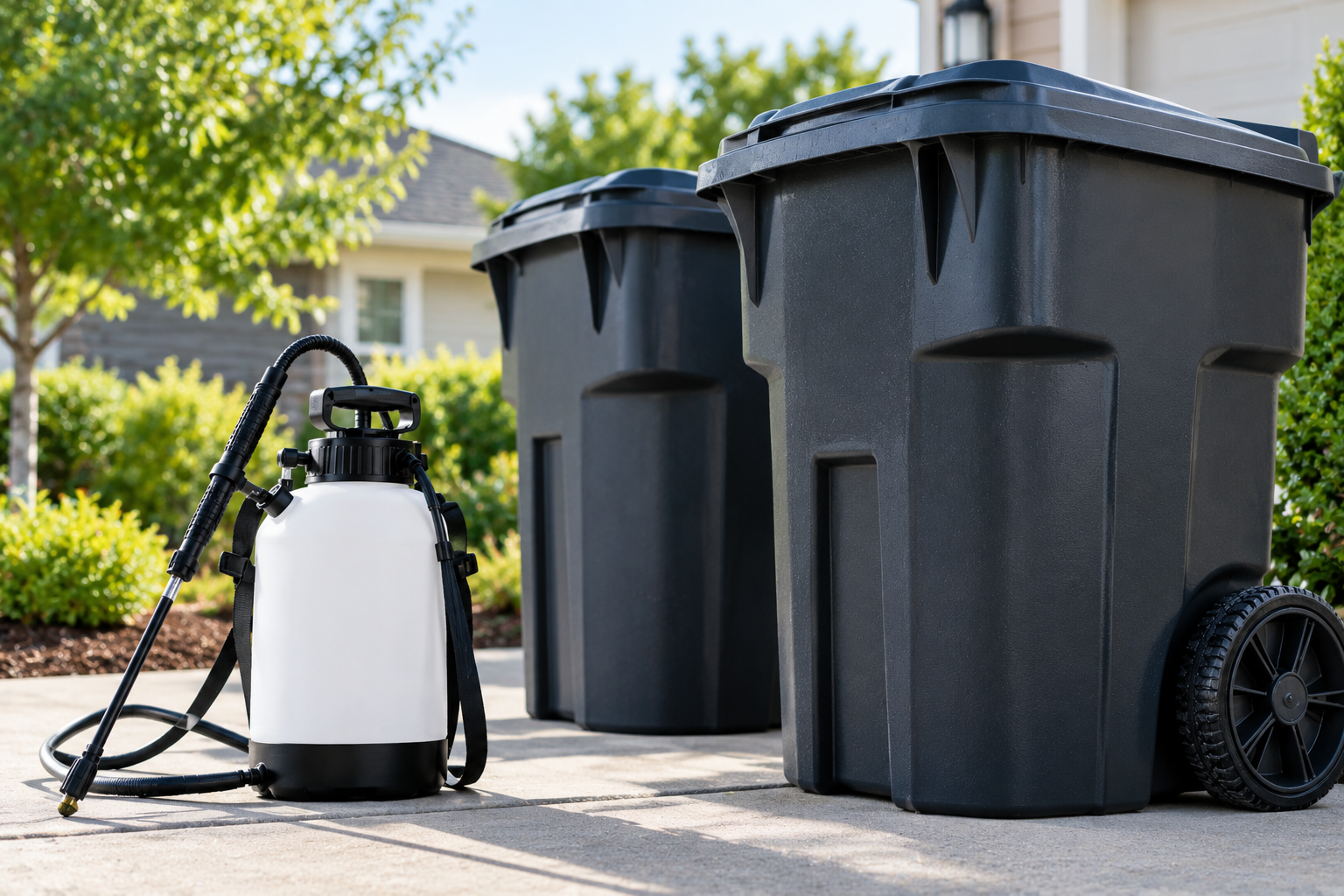 Two large black trash bins with closed lids and a white portable sprayer with a black handle and hose, placed on a sidewalk in front of a house with greenery and trees in the background.