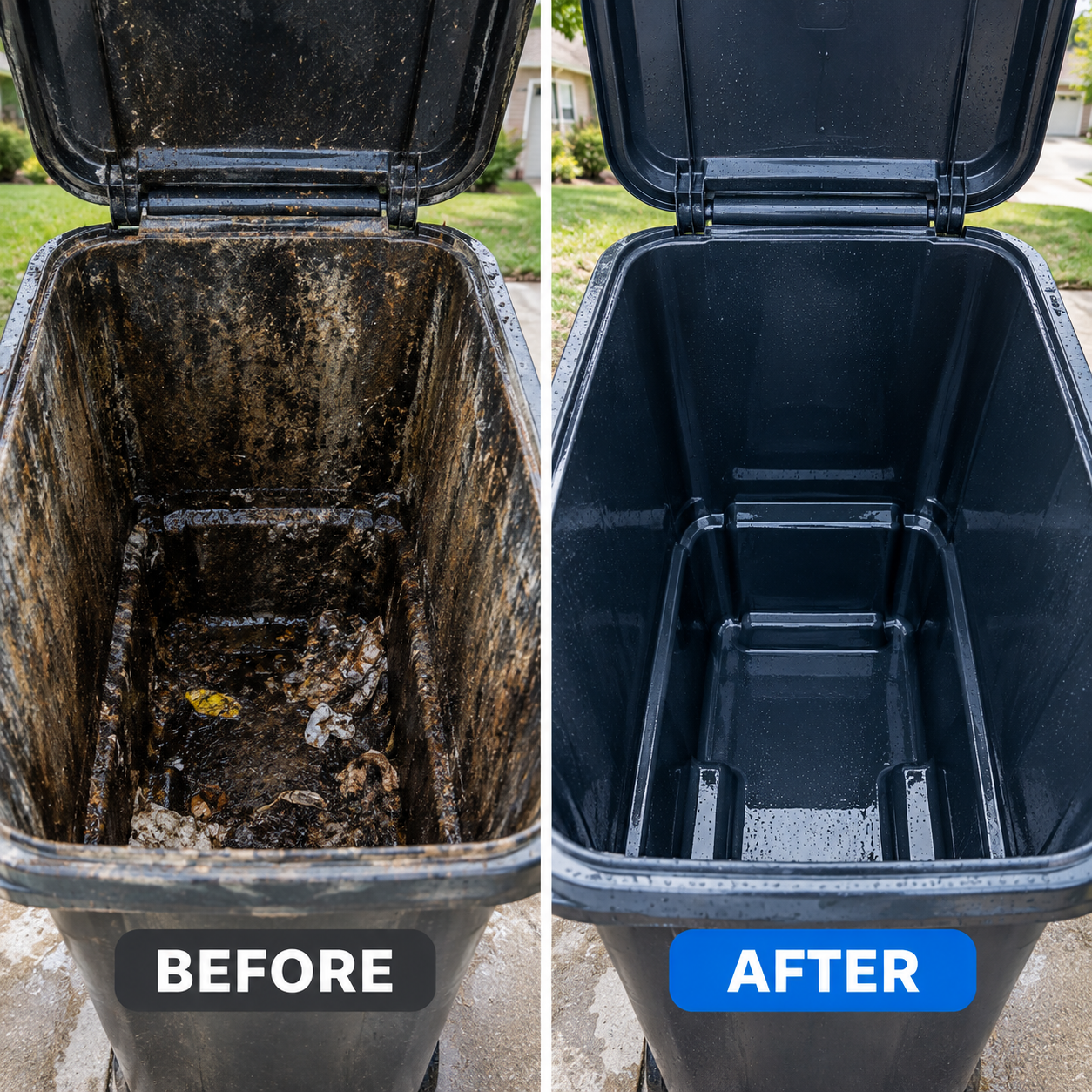 Comparison of a trash can before and after cleaning. The left side shows a dirty, disgustingly stained trash can, while the right side shows the same trash can thoroughly cleaned and now spotless and shiny.