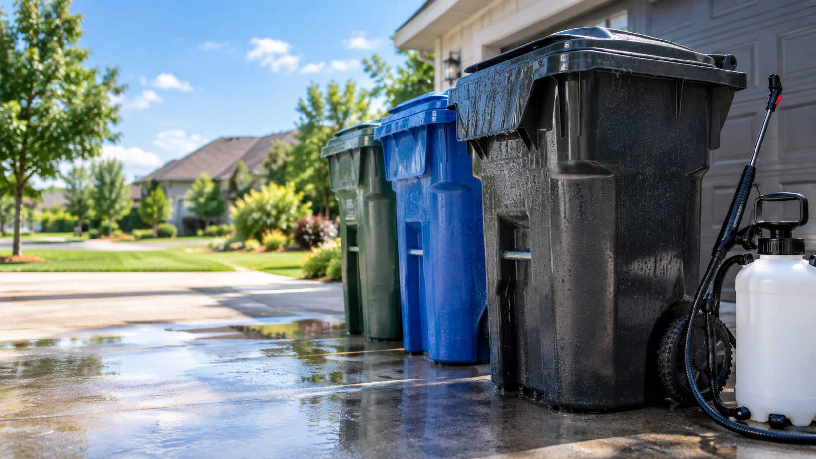 A row of four trash bins in black, blue, and green, with a garden and houses in the background on a sunny day, and a water spray cleaning the pavement nearby.