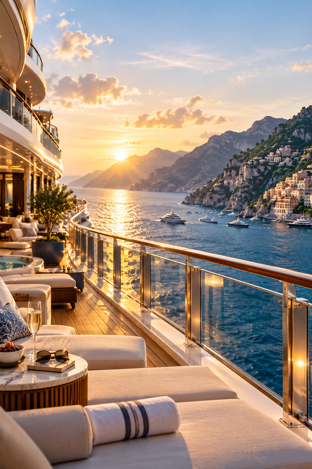 Sunset view from the balcony of a luxury cruise ship with outdoor seating, a glass of champagne, and yachts on the water surrounded by mountains and coastal houses.