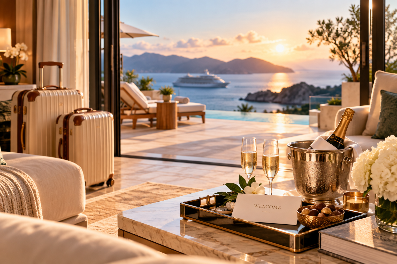 Living room with champagne on a tray, suitcases, and an ocean view at sunset.