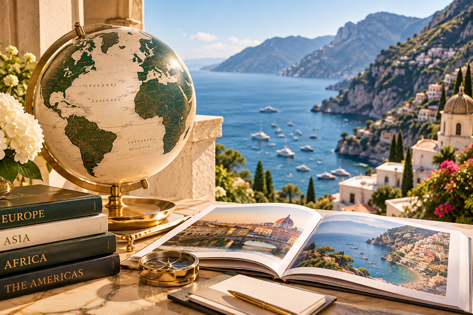 Travel desk with globe, travel books labeled Europe, Asia, Africa, Americas, an open photo book displaying scenic views of Italy, a notebook, a pen, and a compass, overlooking a coastal village with boats on the water and hillside houses.