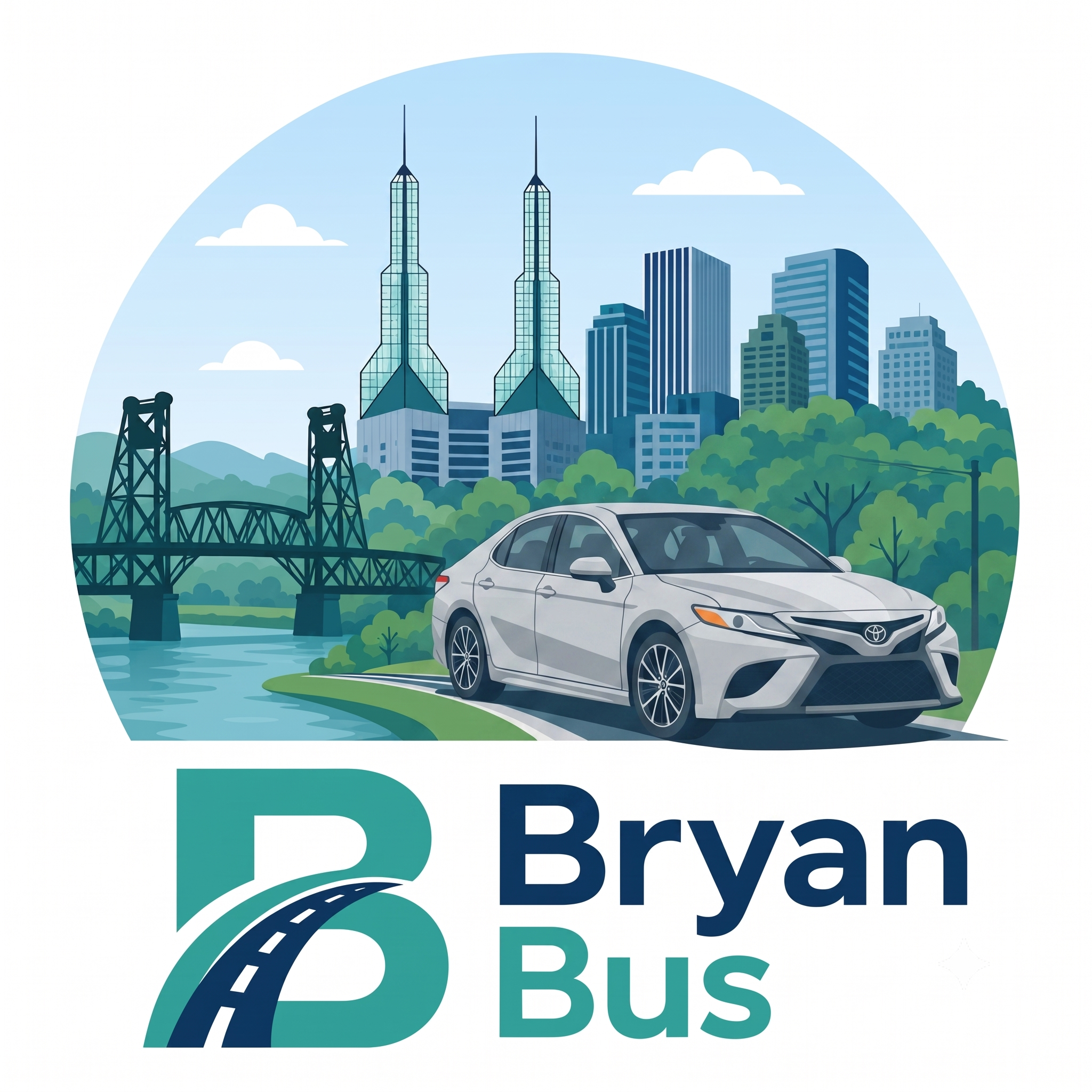 Portland city skyline with tall glass skyscrapers, a bridge over a river, and a logo with the text 'Bryan Bus' in front.