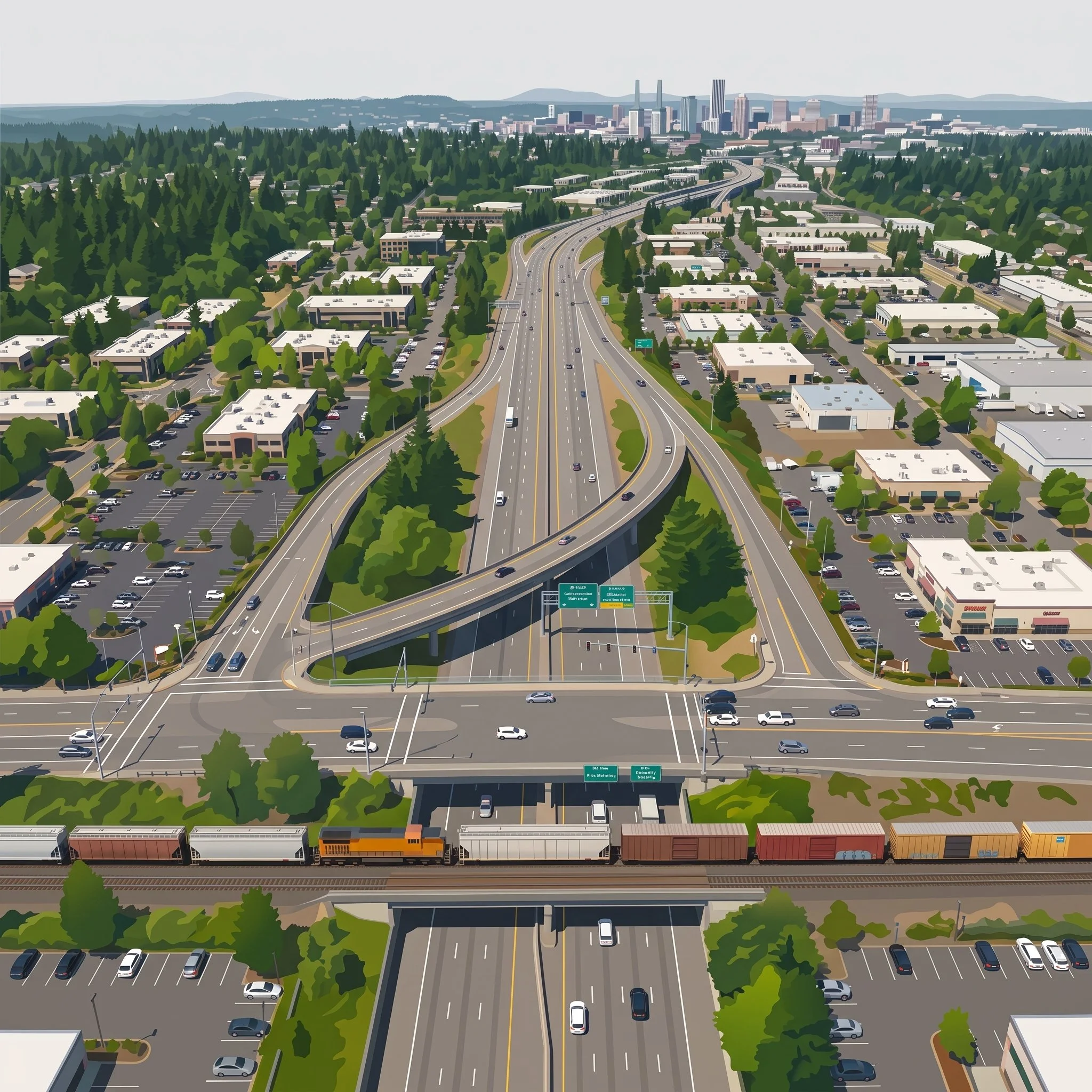 A digital illustration of Portland, Oregon, with Highway 217 running through a green, forested area, leading to a downtown Portland skyline in the distance. There are parking lots, commercial buildings, and a train track at the bottom of the image.