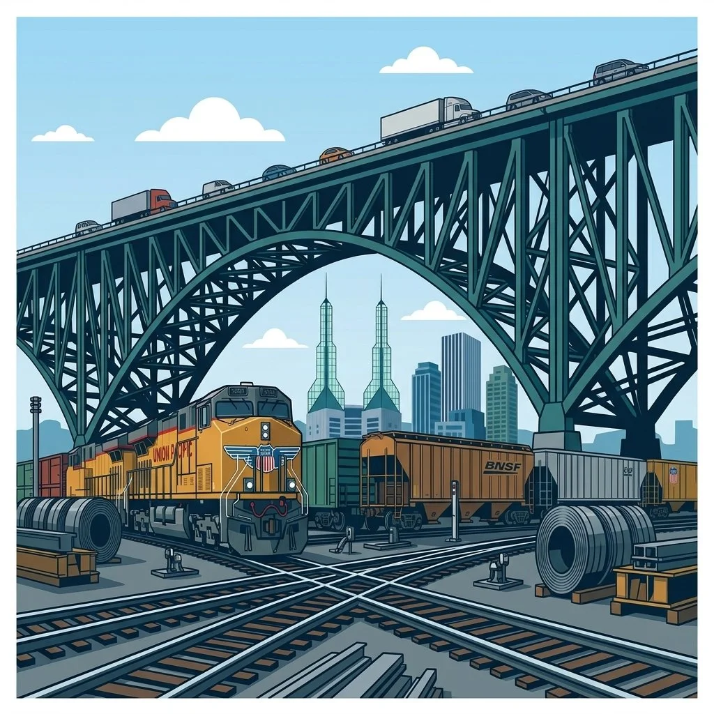 A cartoon-style illustration of a train yard beneath the Fremont Bridge with vehicles traveling on it. There are multiple train tracks, a freight train, and Portland city skyscrapers in the background.