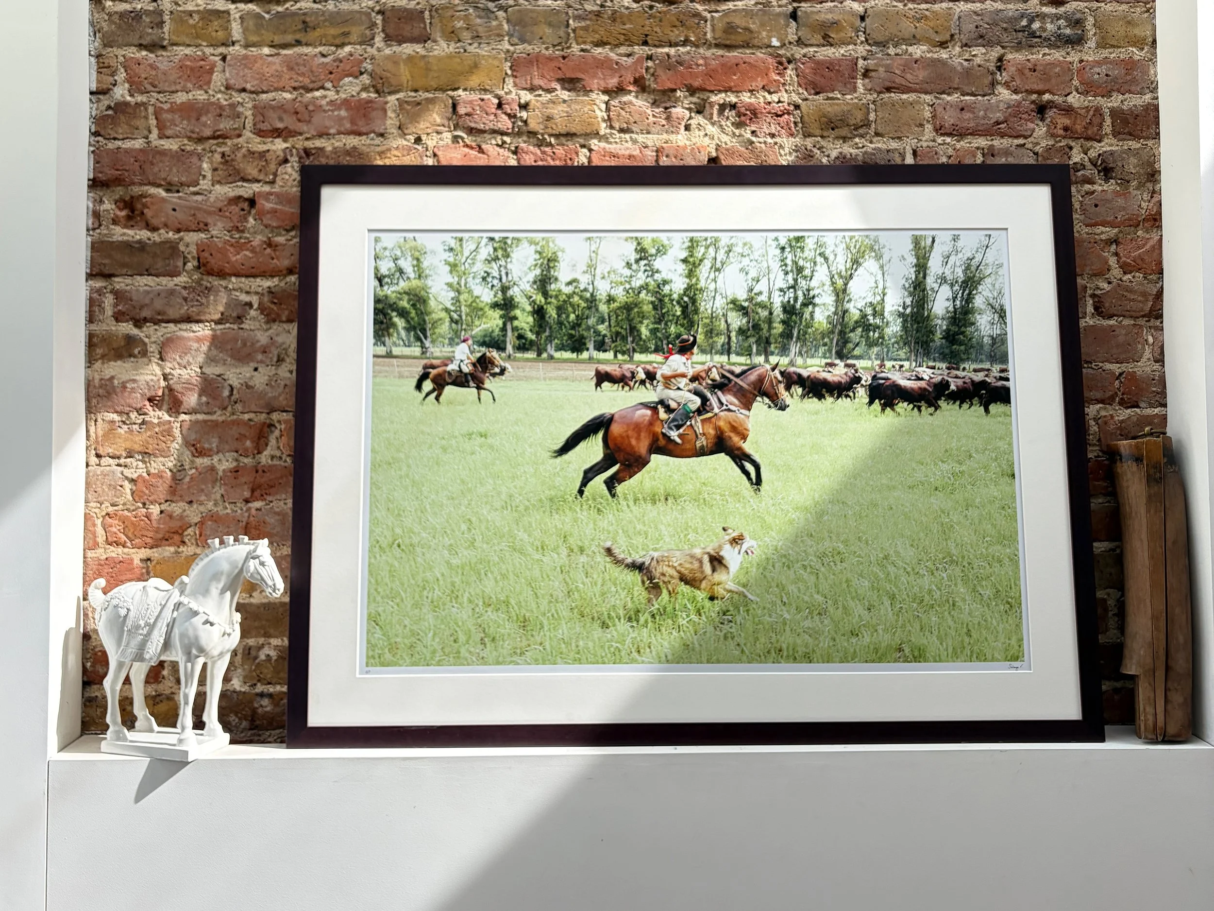 A framed photograph of a gaucho on a horse hangs on a brick wall. The photo depicts the gaucho on a brown horse in full gallop, pursuing bulls and cattles accross the plains of argentina