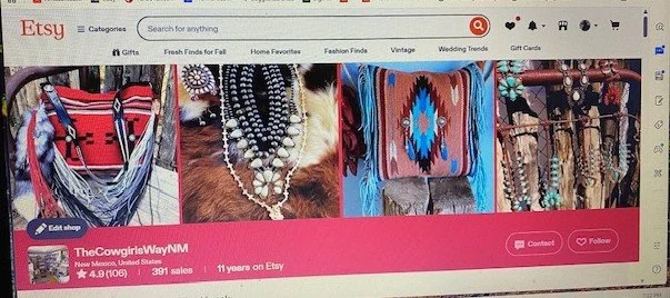Etsy page showcasing bohemian jewelry and accessories, including layered necklaces, beaded jewelry, and patterned fabric items.