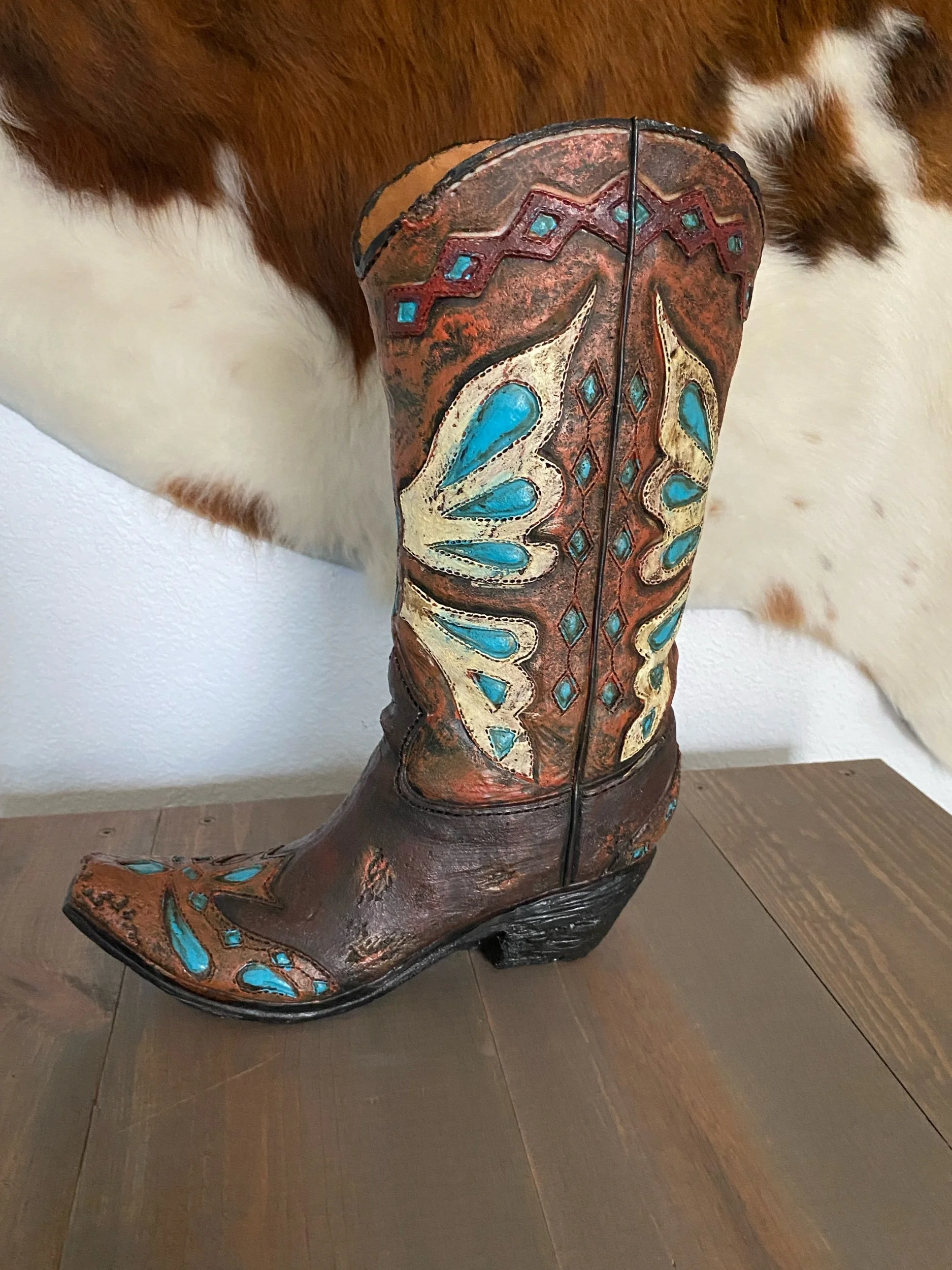 Cowboy Boot Vase - Turquoise Trim