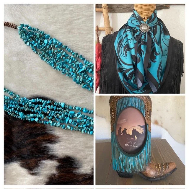 A collection of turquoise jewelry, a blue patterned scarf with a brooch, a framed silhouette of cowboys on a horse, and a western-style boot with fringes and metallic embellishments.